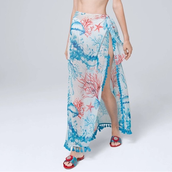 WHBM sarong pareo in jellyfish print in coral & scuba blue. Tie waist. OS - Picture 3 of 8